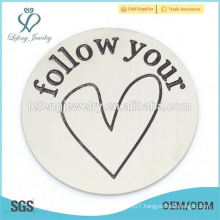 New design silver follow your heart letter 22mm 316l stainless steel plates jewelry